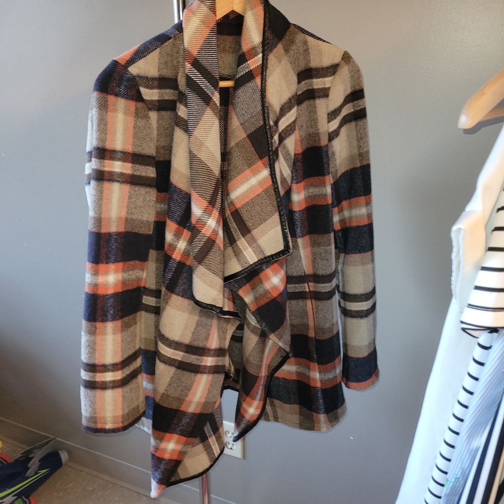 Plaid Open-Front Cascade Jacket - Navy, Tan & Orange